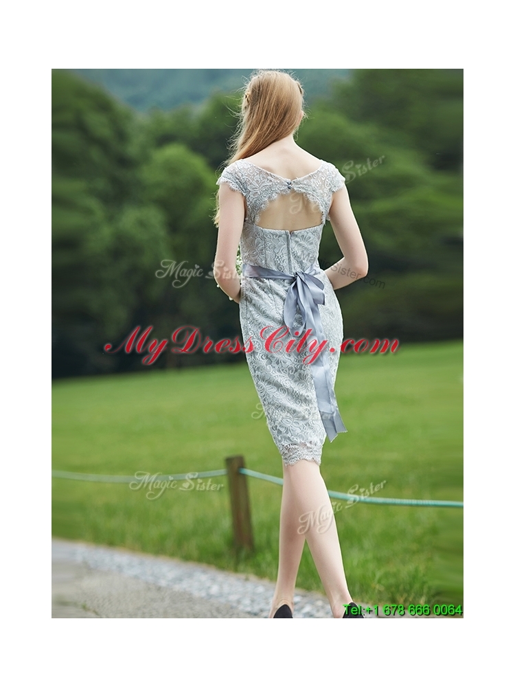 Wonderful Scoop Cap Sleeves Sashes Prom Dress in Grey