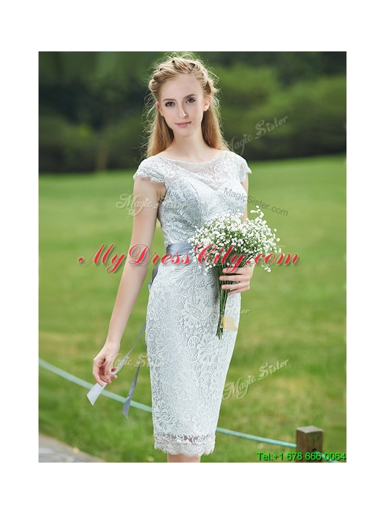 Wonderful Scoop Cap Sleeves Sashes Prom Dress in Grey