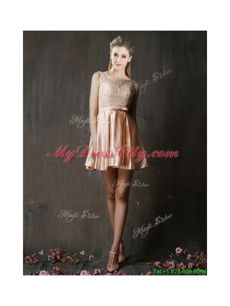 Best Selling Laced and Belted Short Prom Dress in Peach