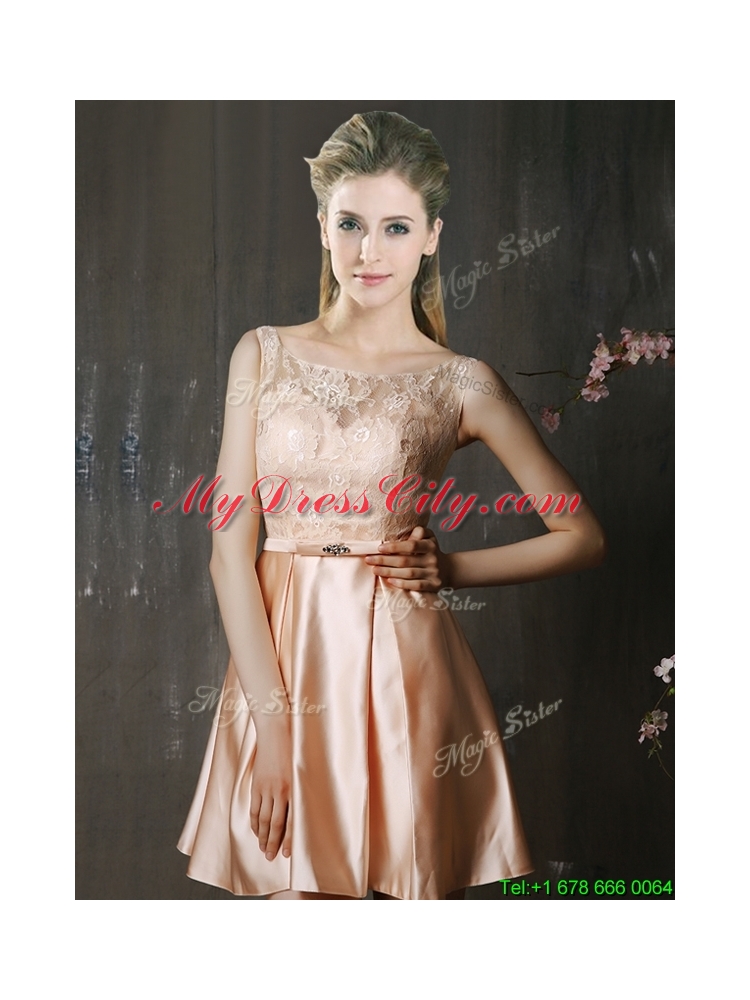 Best Selling Laced and Belted Short Prom Dress in Peach