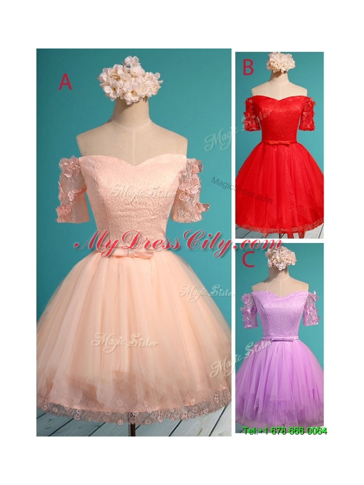 Elegant Off the Shoulder Short Sleeves Prom Dress with Appliques and Belt