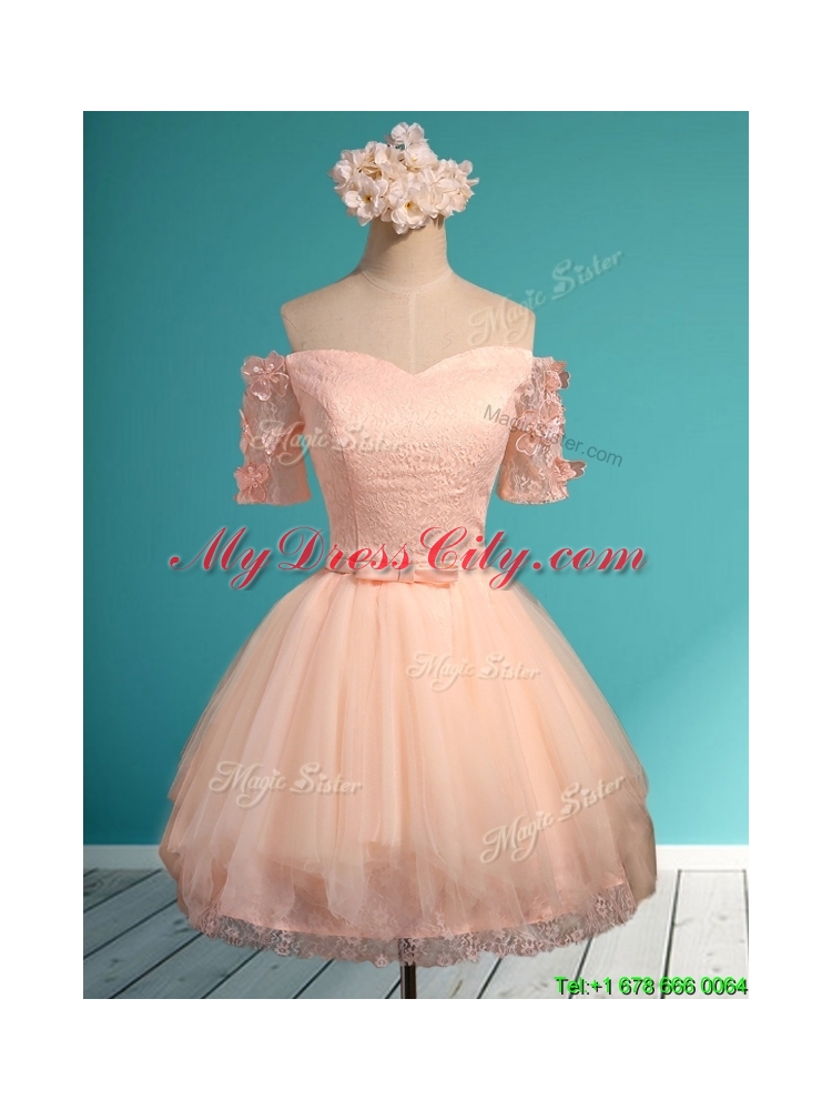 Elegant Off the Shoulder Short Sleeves Prom Dress with Appliques and Belt