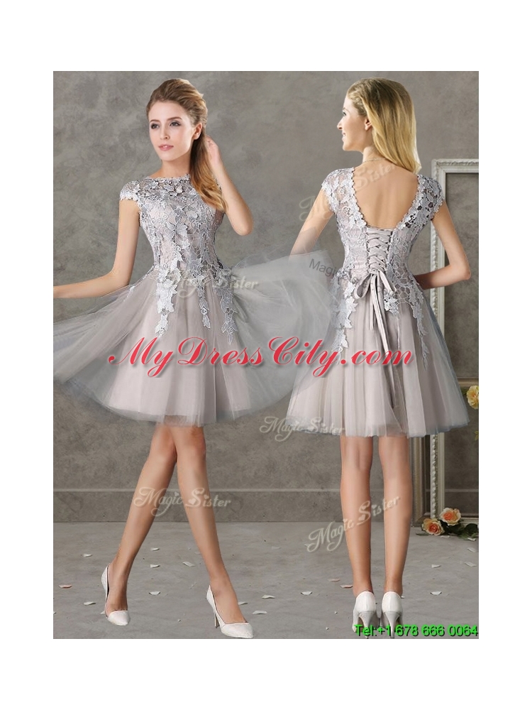 Most Popular Bateau Cap Sleeves Grey Prom Dress with Lace