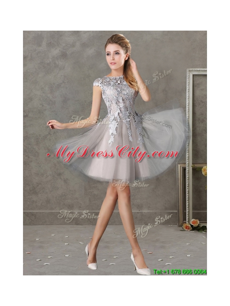 Most Popular Bateau Cap Sleeves Grey Prom Dress with Lace