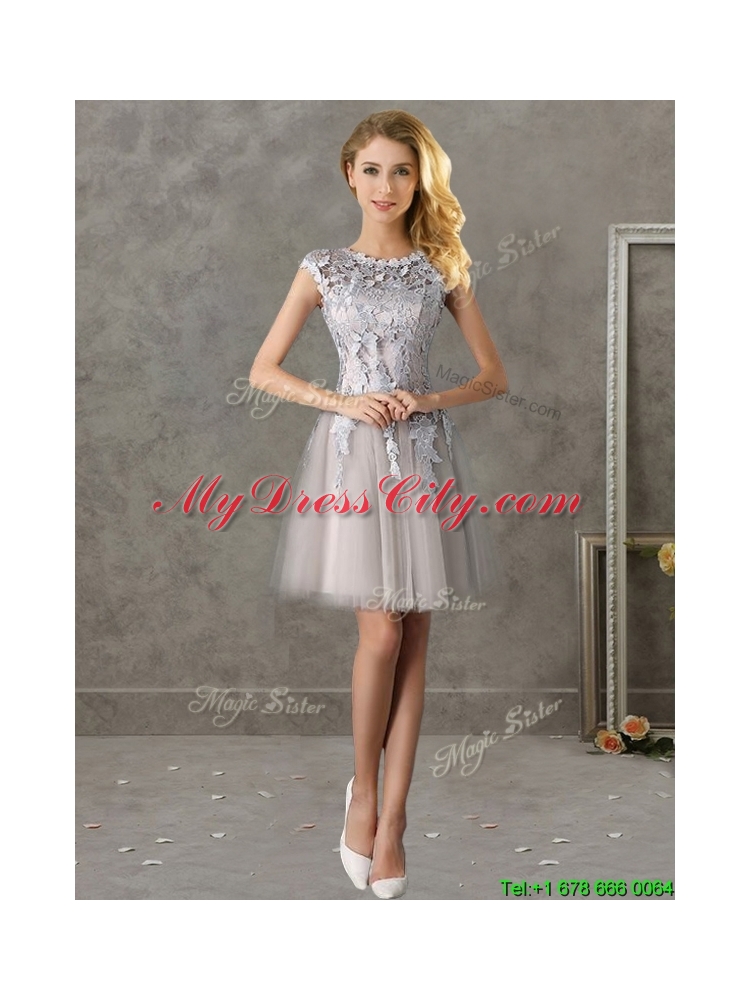 Most Popular Bateau Cap Sleeves Grey Prom Dress with Lace