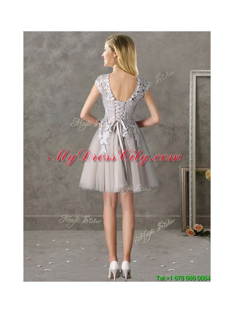 Most Popular Bateau Cap Sleeves Grey Prom Dress with Lace