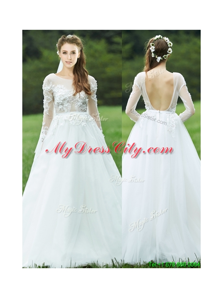 Pretty Applique White Backless Prom Dress with Long Sleeves