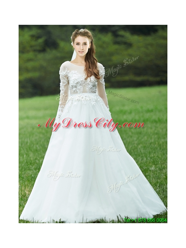 Pretty Applique White Backless Prom Dress with Long Sleeves