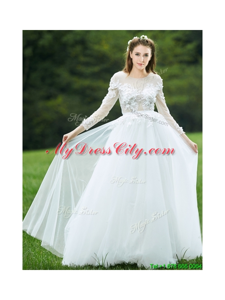 Pretty Applique White Backless Prom Dress with Long Sleeves