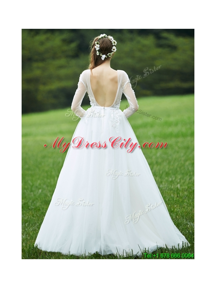 Pretty Applique White Backless Prom Dress with Long Sleeves