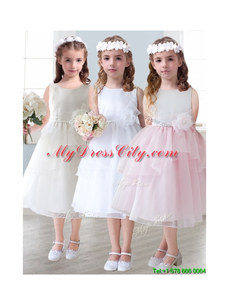 Lovely Scoop Hand Made Flowers and Ruffled Layers Little Girl Pageant Dress in Tea-length