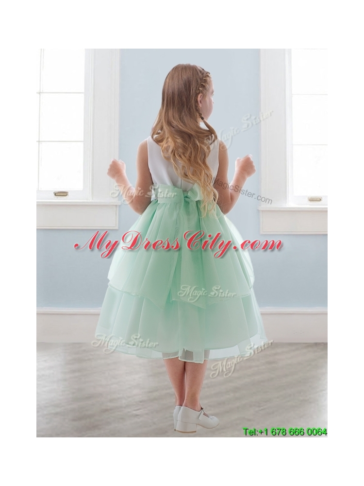 Lovely Scoop Hand Made Flowers and Ruffled Layers Little Girl Pageant Dress in Tea-length