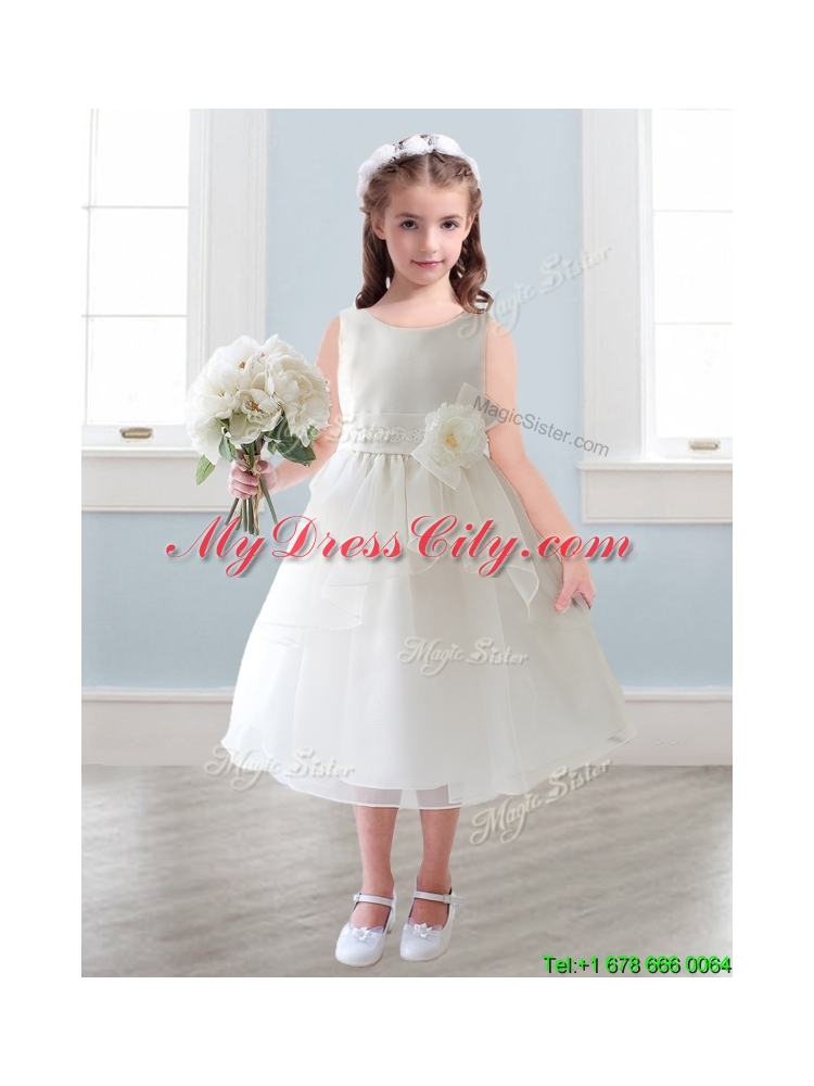 Lovely Scoop Hand Made Flowers and Ruffled Layers Little Girl Pageant Dress in Tea-length