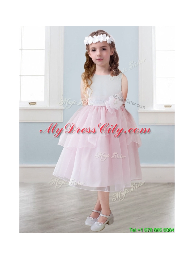 Lovely Scoop Hand Made Flowers and Ruffled Layers Little Girl Pageant Dress in Tea-length