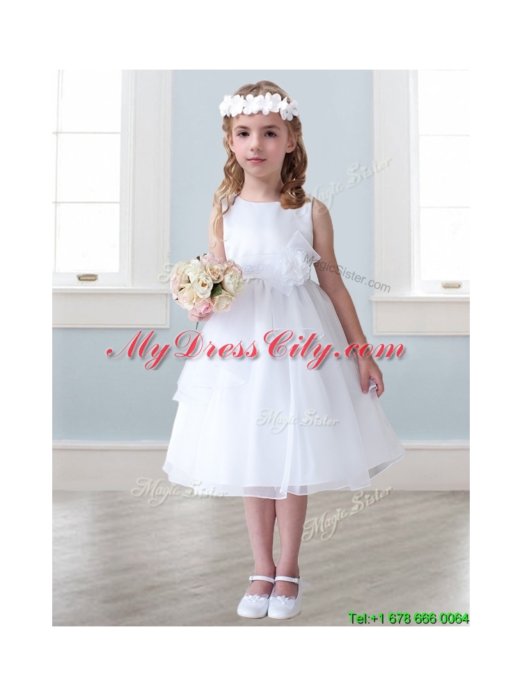 Lovely Scoop Hand Made Flowers and Ruffled Layers Little Girl Pageant Dress in Tea-length