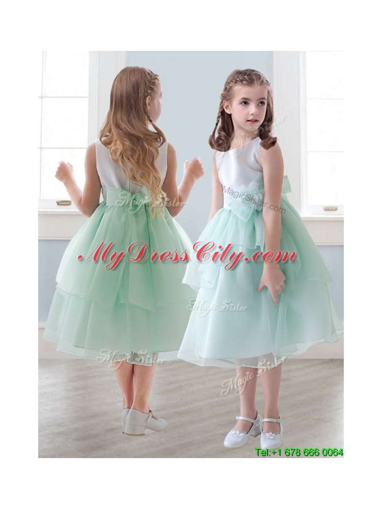 Lovely Scoop Hand Made Flowers and Ruffled Layers Little Girl Pageant Dress in Tea-length