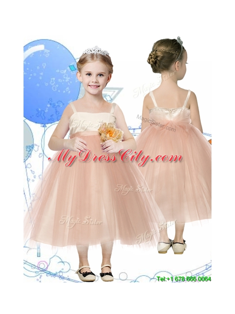 Affordable Spaghetti Straps Hand Made Flowers Little Girl Pageant Dress in Champagne