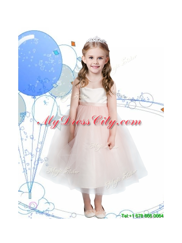 Affordable Spaghetti Straps Hand Made Flowers Little Girl Pageant Dress in Champagne