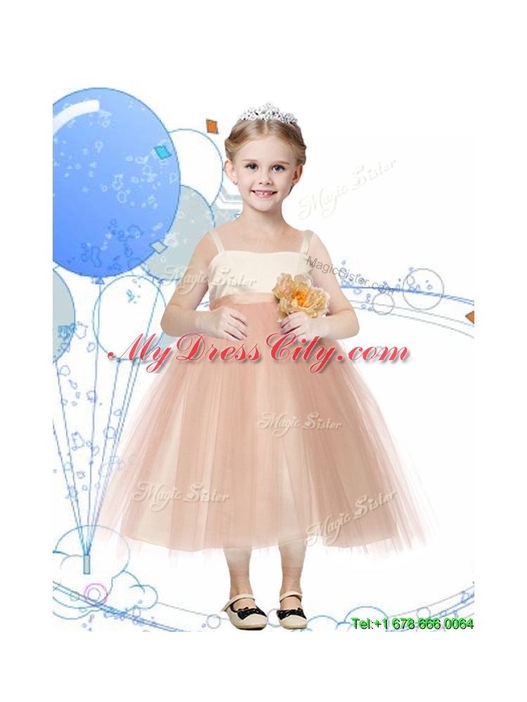 Affordable Spaghetti Straps Hand Made Flowers Little Girl Pageant Dress in Champagne