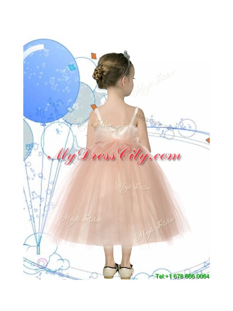 Affordable Spaghetti Straps Hand Made Flowers Little Girl Pageant Dress in Champagne