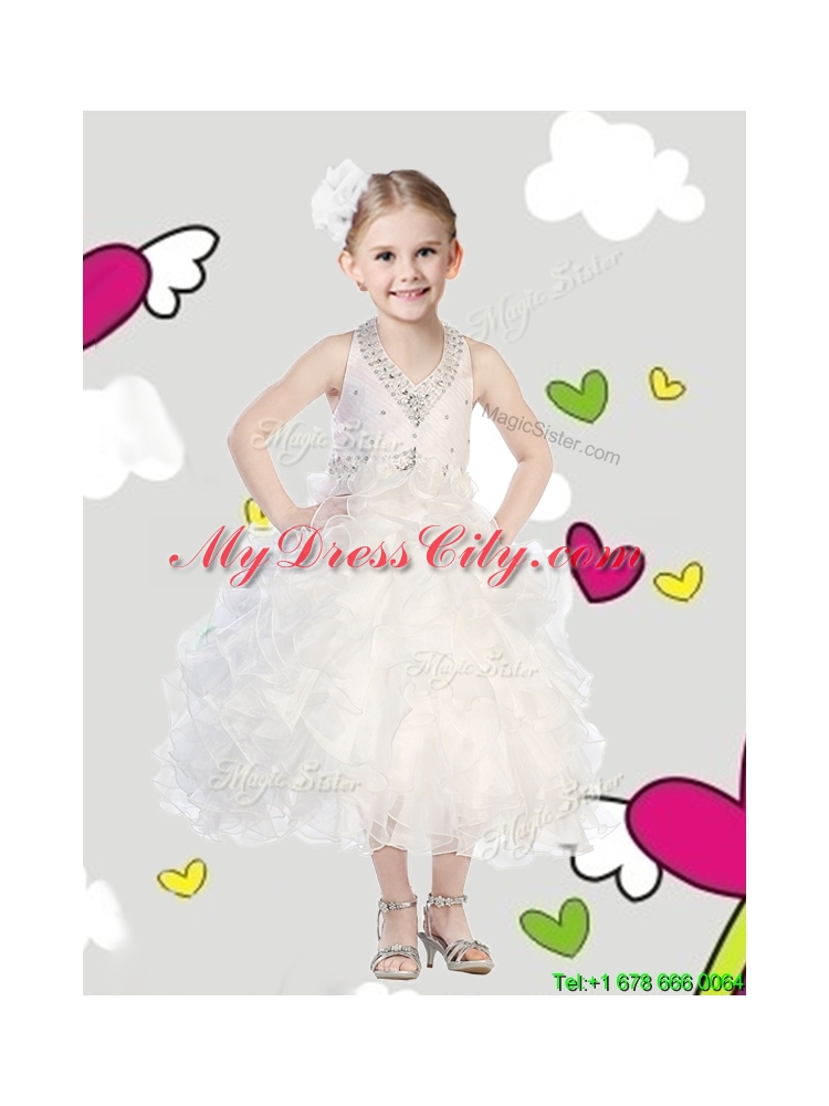 Cheap Halter Top Girls Party Dress with Beading and Ruffles