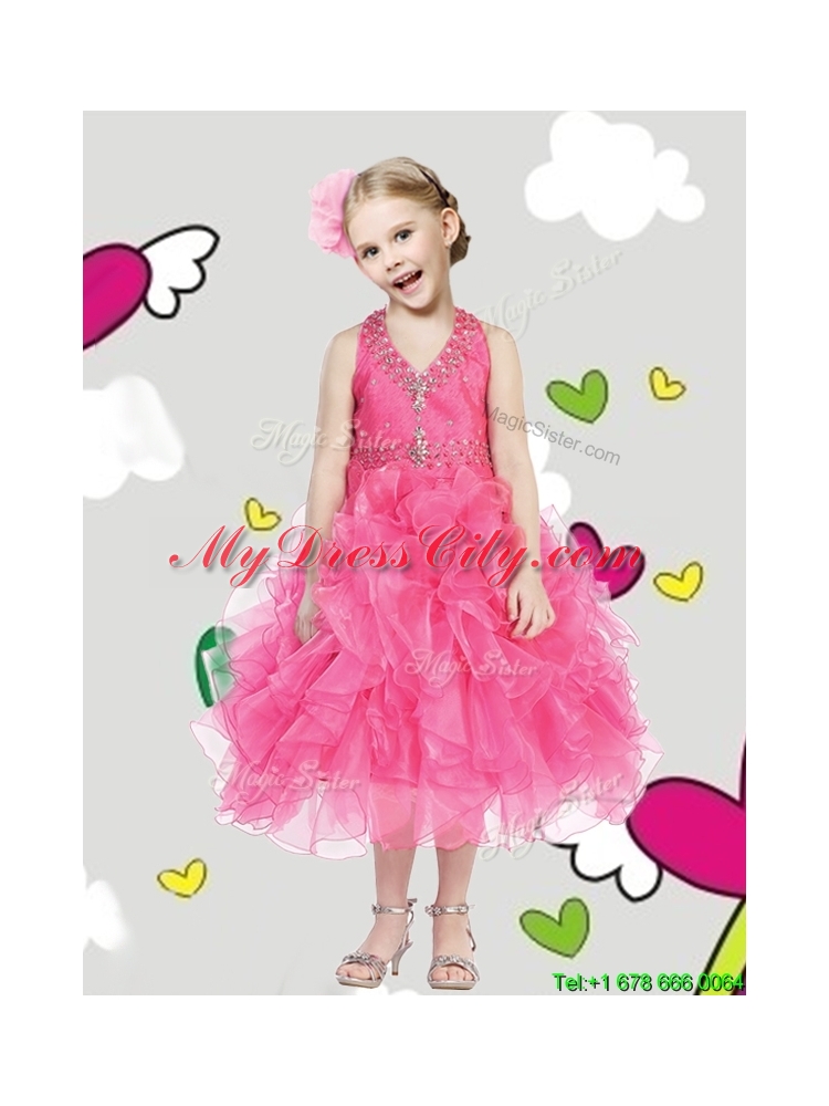 Cheap Halter Top Girls Party Dress with Beading and Ruffles