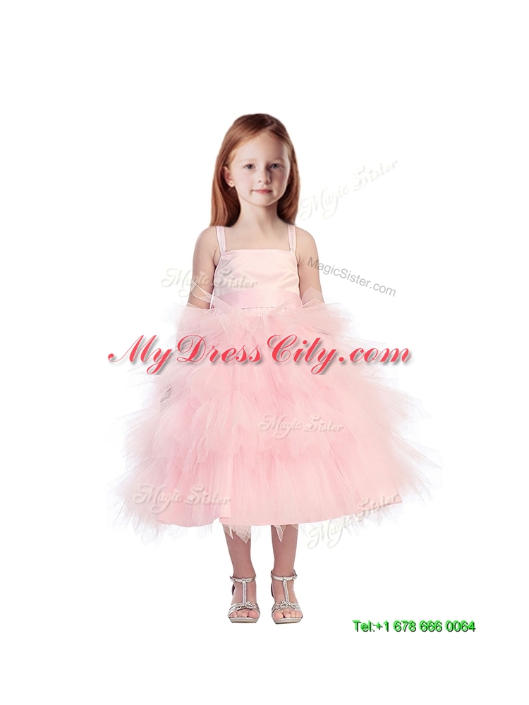 Discount Spaghetti Straps Beading and Ruffled Layers Little Girl Pageant Dress in Pink