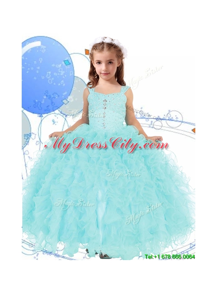 Elegant Straps Beading and Ruffles Girls Party Dress in Apple Green