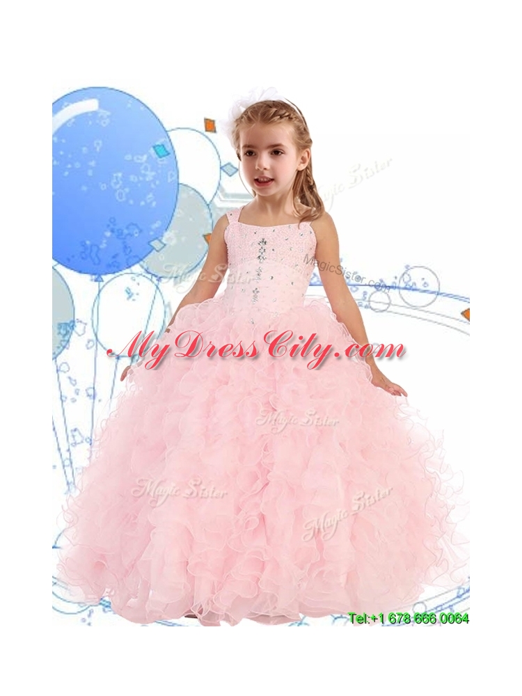 Elegant Straps Beading and Ruffles Girls Party Dress in Apple Green