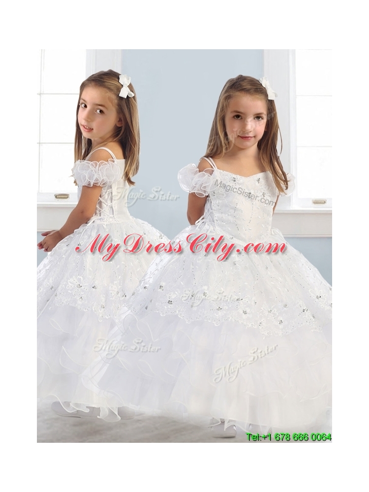 Exquisite Spaghetti Straps Cap Sleeves Little Girl Pageant Dress with Lace and Ruffled Layers