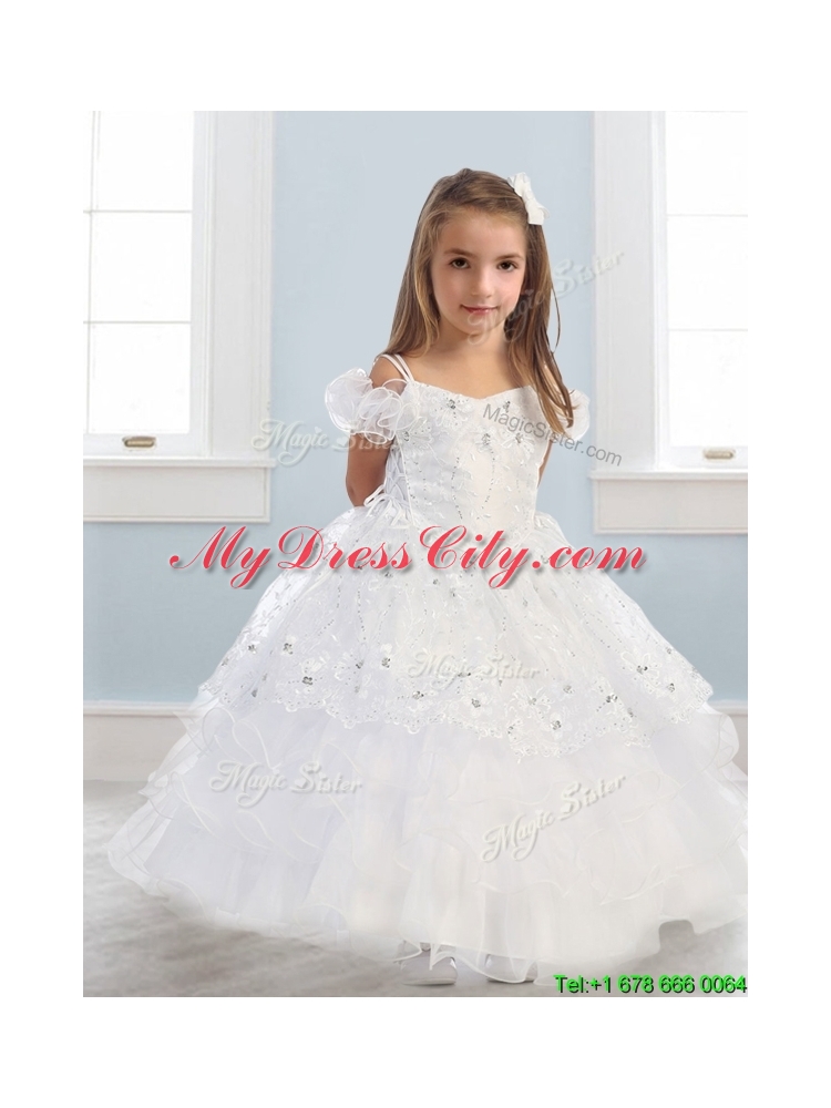 Exquisite Spaghetti Straps Cap Sleeves Little Girl Pageant Dress with Lace and Ruffled Layers