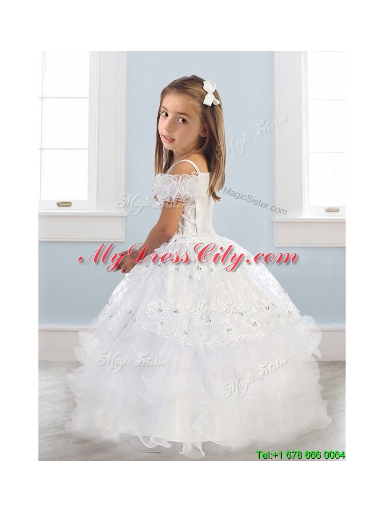 Exquisite Spaghetti Straps Cap Sleeves Little Girl Pageant Dress with Lace and Ruffled Layers