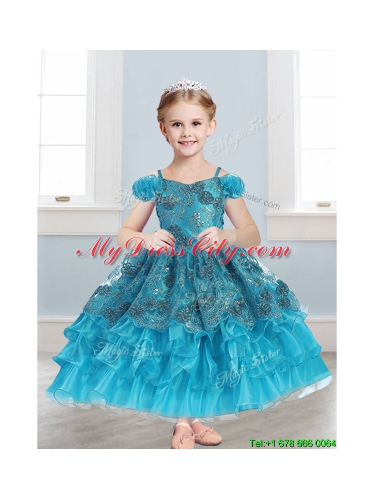 Exquisite Spaghetti Straps Cap Sleeves Little Girl Pageant Dress with Lace and Ruffled Layers