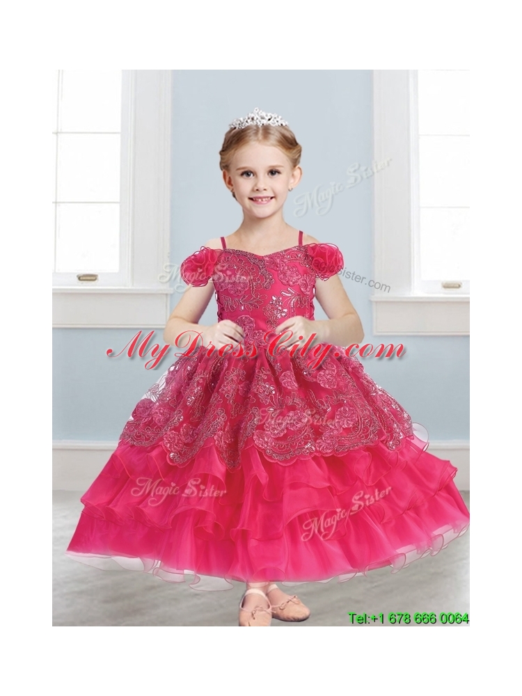 Exquisite Spaghetti Straps Cap Sleeves Little Girl Pageant Dress with Lace and Ruffled Layers