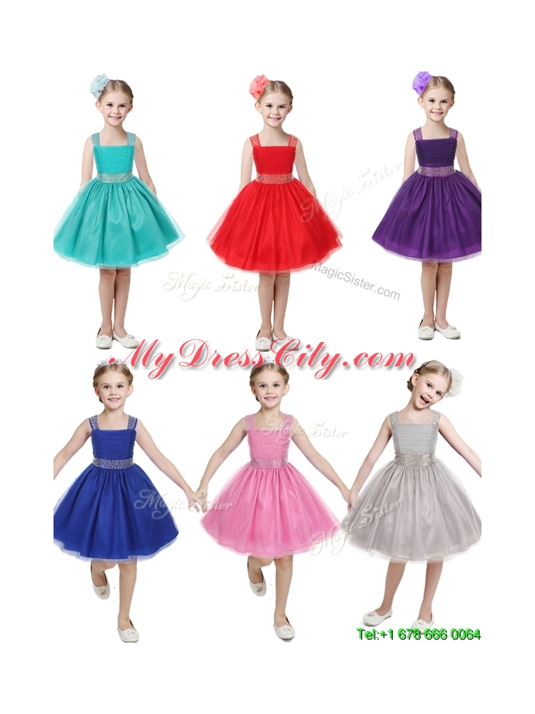 Gorgeous Straps Beading and Bowknot Little Girl Pageant Dress in Mini Length