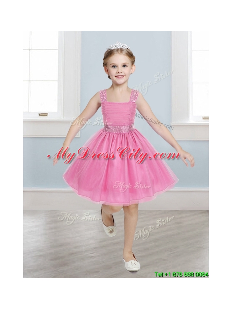 Gorgeous Straps Beading and Bowknot Little Girl Pageant Dress in Mini Length