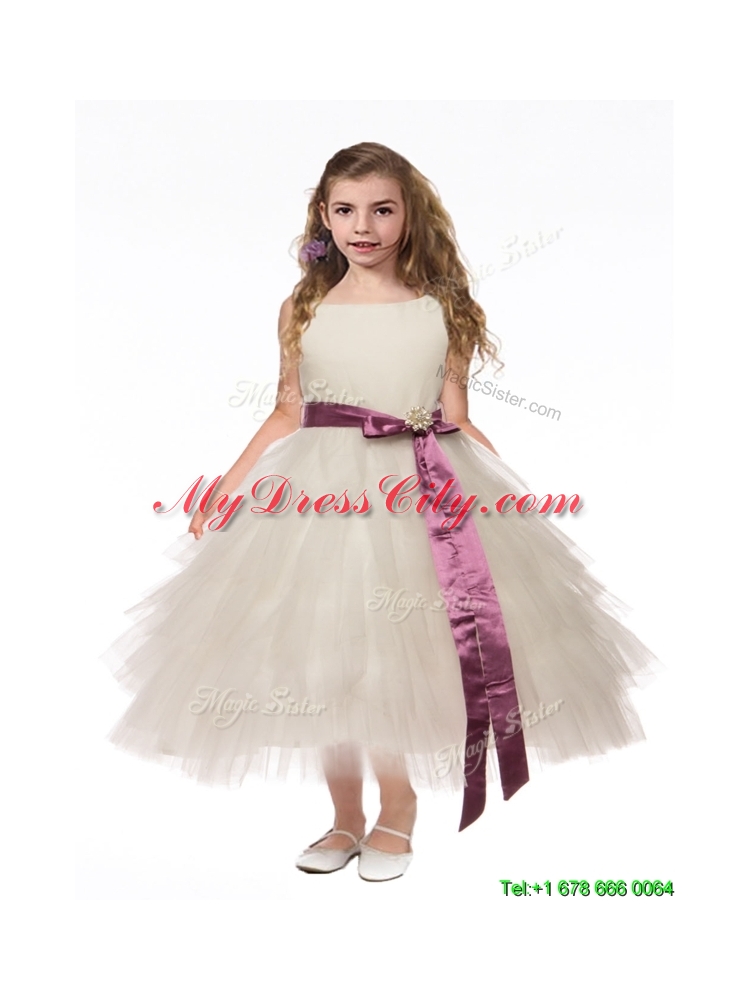 Lovely Scoop White Little Girls Pageant Dress with Bowknot and Ruffled Layers