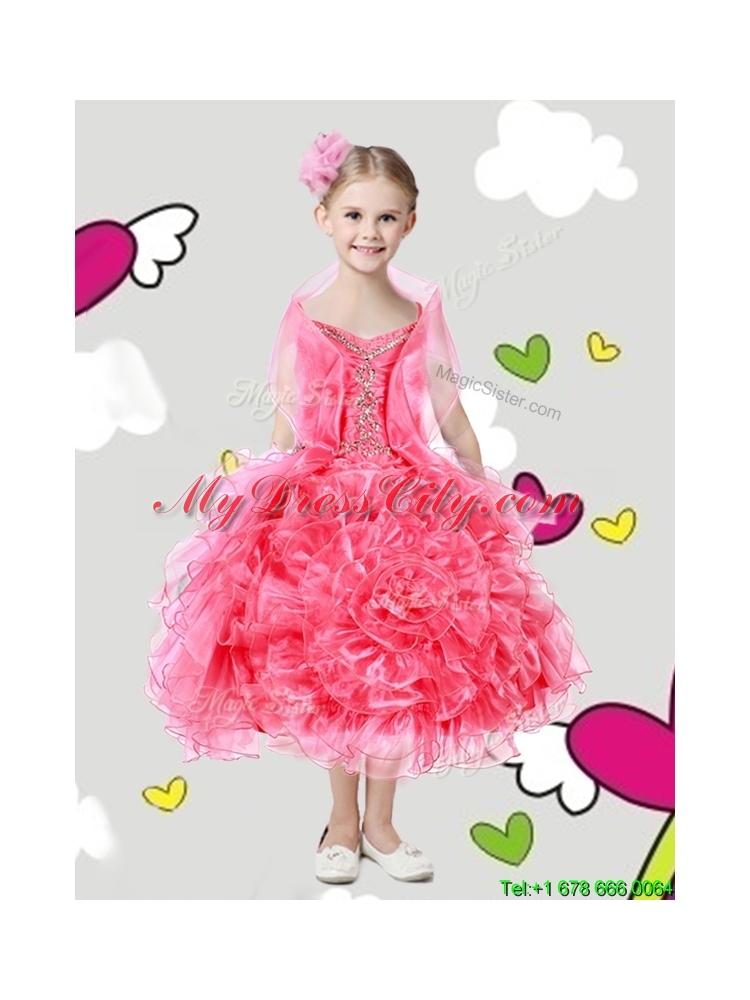 Lovely Spaghetti Straps Girls Party Dress with Beading and Rolling Flowers