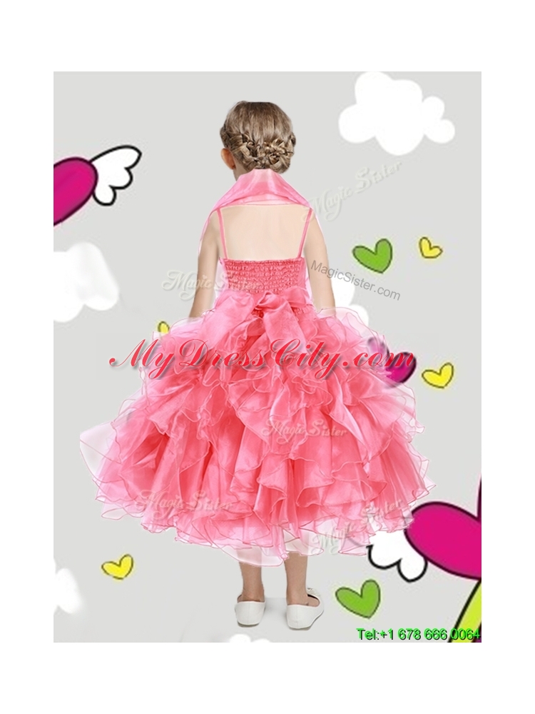 Lovely Spaghetti Straps Girls Party Dress with Beading and Rolling Flowers