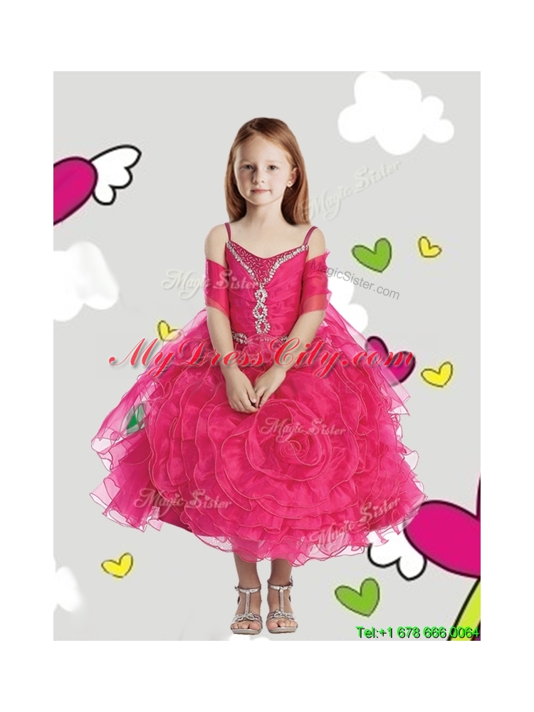 Lovely Spaghetti Straps Girls Party Dress with Beading and Rolling Flowers