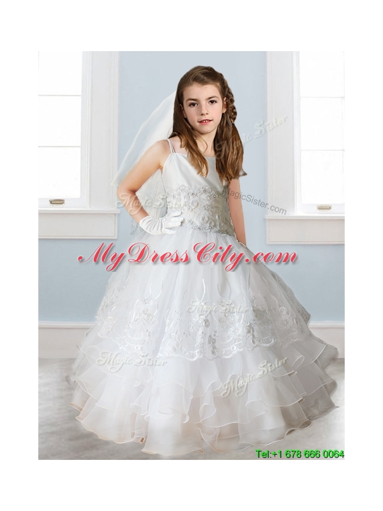 Luxurious White Spaghetti Straps Girls Party Dress with Appliques and Ruffled Layers