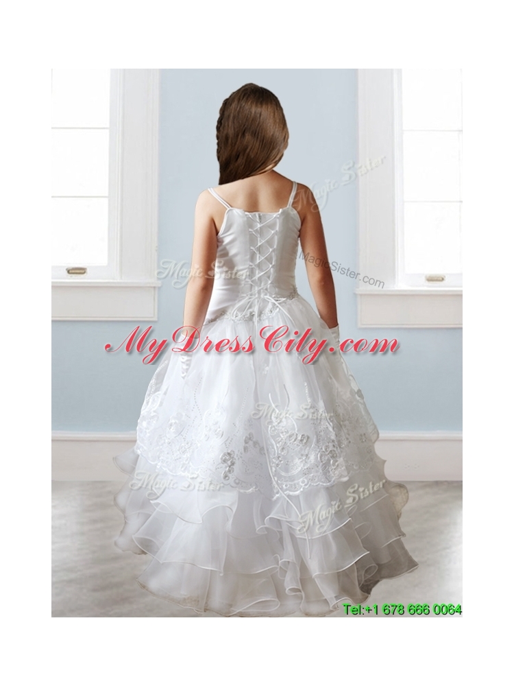 Luxurious White Spaghetti Straps Girls Party Dress with Appliques and Ruffled Layers