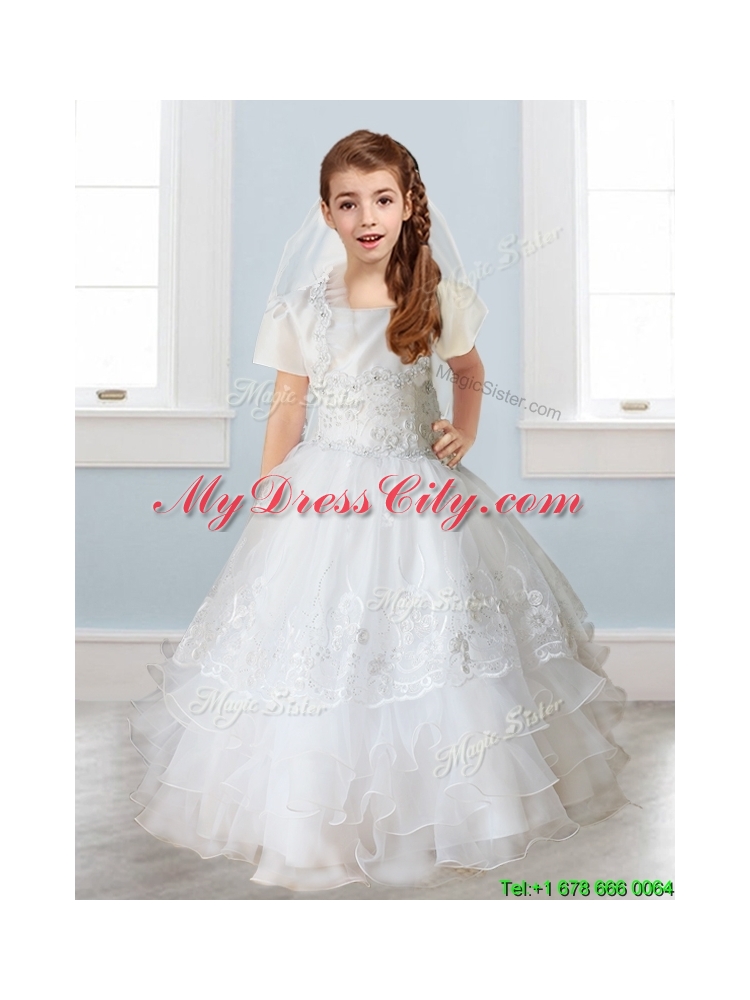 Luxurious White Spaghetti Straps Girls Party Dress with Appliques and Ruffled Layers