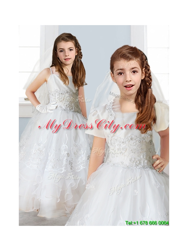 Luxurious White Spaghetti Straps Girls Party Dress with Appliques and Ruffled Layers