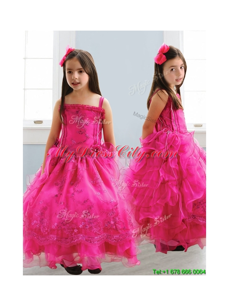 Popular Spaghetti Straps Lace and Ruffled Layers Girls Party Dress in Hot Pink