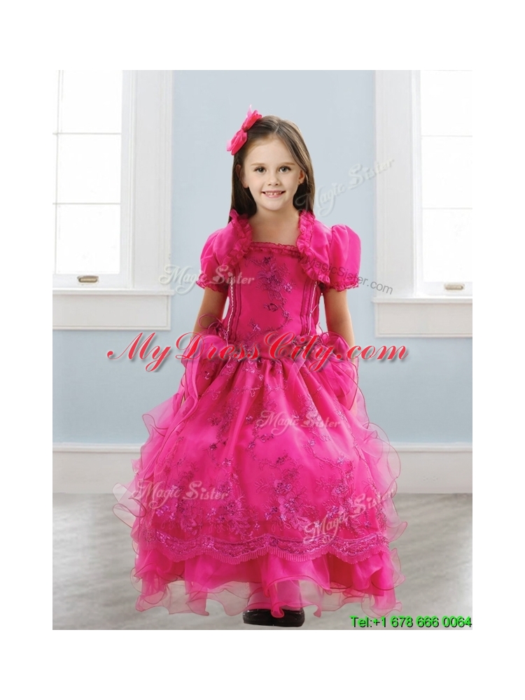 Popular Spaghetti Straps Lace and Ruffled Layers Girls Party Dress in Hot Pink