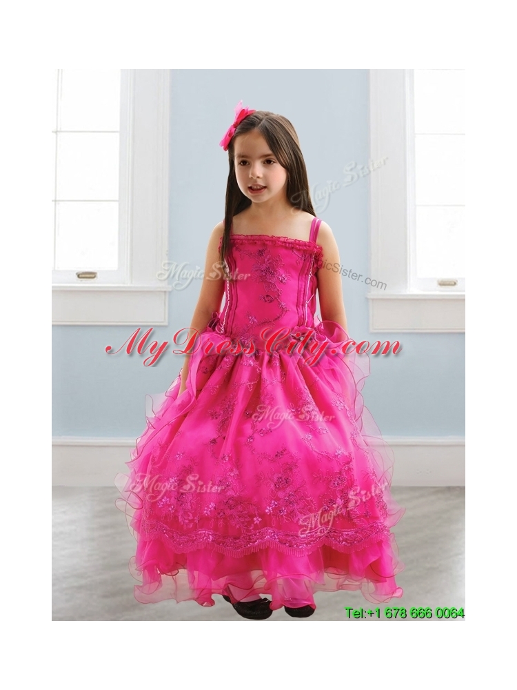 Popular Spaghetti Straps Lace and Ruffled Layers Girls Party Dress in Hot Pink