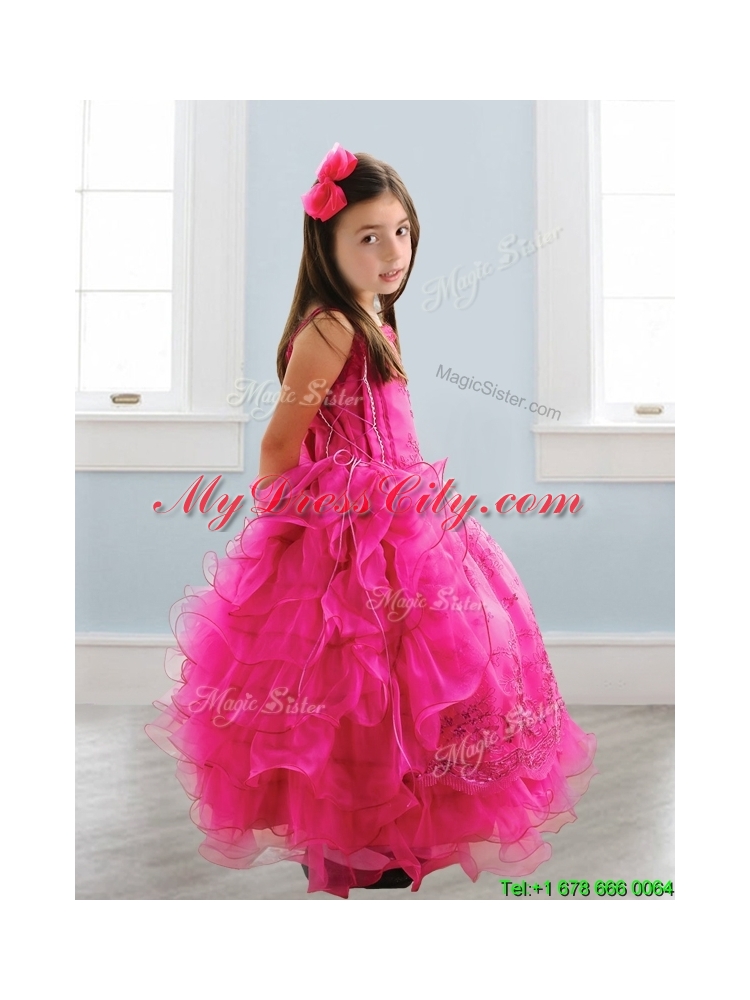 Popular Spaghetti Straps Lace and Ruffled Layers Girls Party Dress in Hot Pink