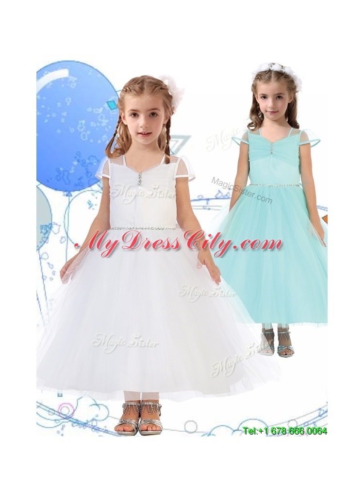 See Through Square Cap Sleeves Little Girl Pageant Dress with Beading