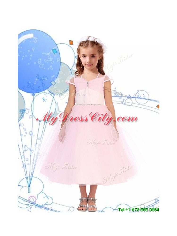 See Through Square Cap Sleeves Little Girl Pageant Dress with Beading